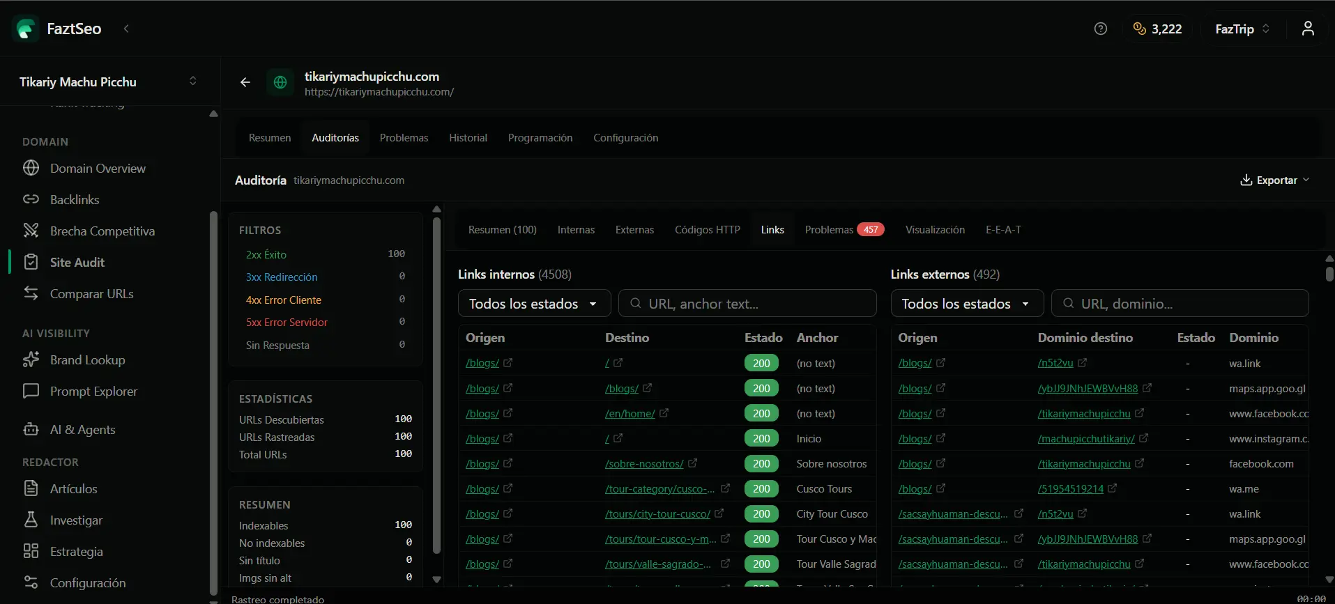 FaztSEO backlinks and keyword research view